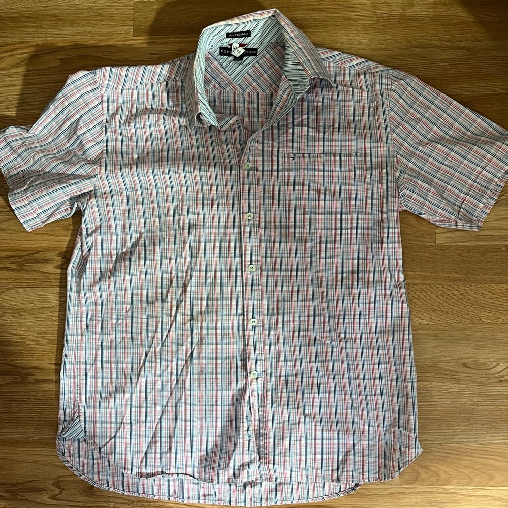 Tommy Hilfiger Men’s Large 80’s Two Ply Cotton Short Sleeve Shirt Blue Red Plaid